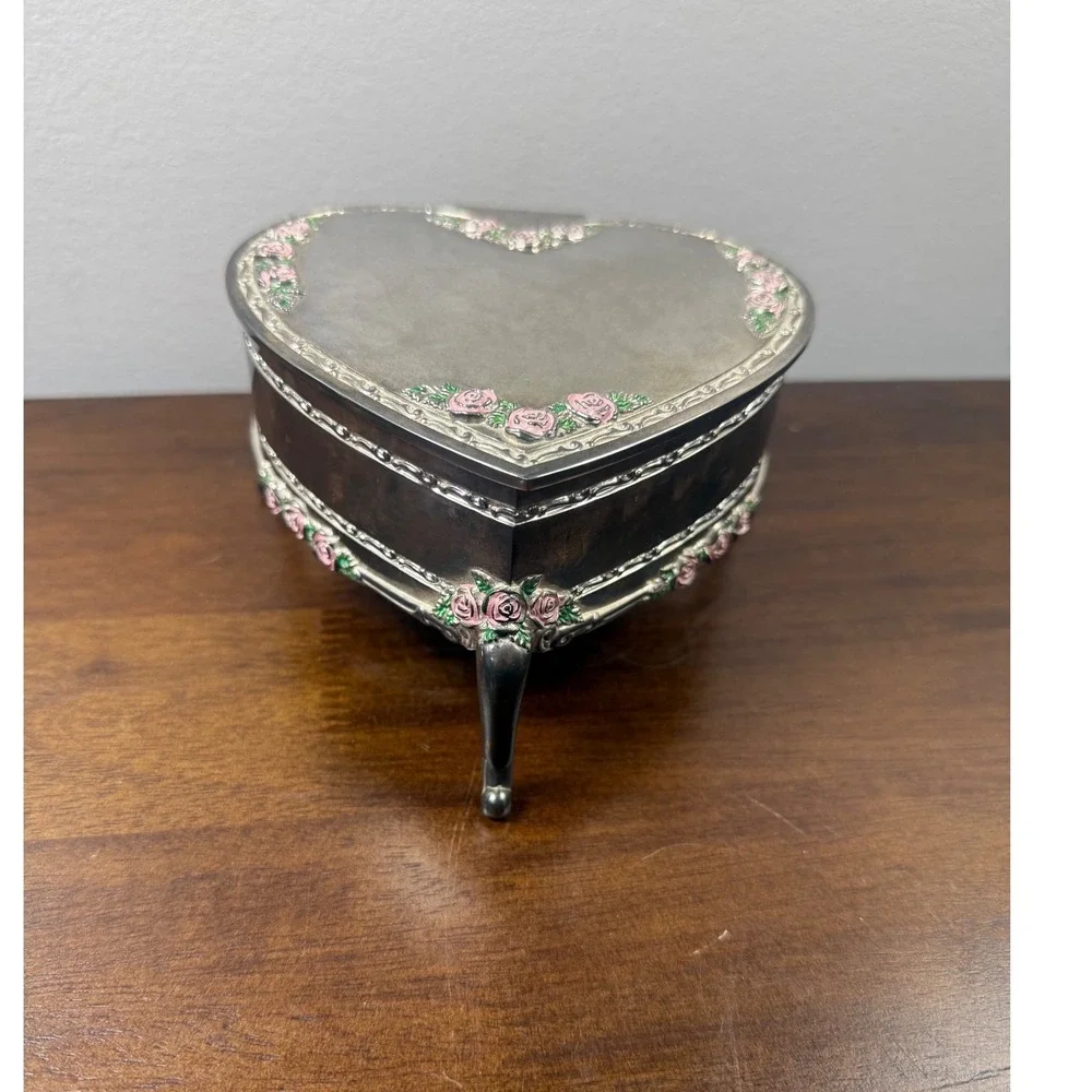 Vintage Heart Shaped Jewelry Box Silver Tone Pink Enamel Roses Footed Trink Box